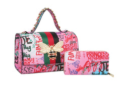 Multi Graffiti Fashion Patent leather Bee Satchel with Wallet shoulder bag