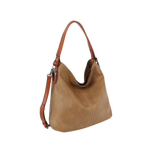 The LM Daily Soft Leather Tote Hobo Bag is a tan leather handbag with a slouchy shape, brown shoulder strap, adjustable detachable crossbody strap, visible stitching, and gold tone hardware.