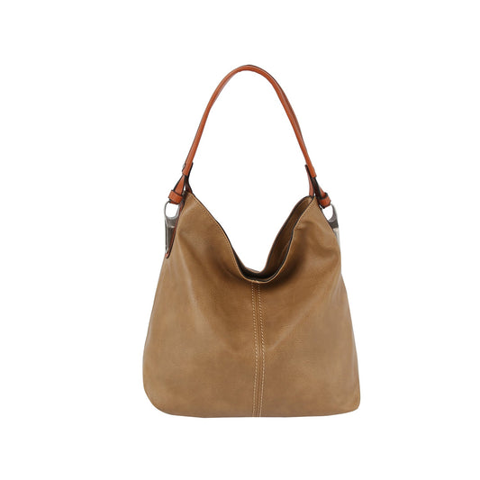 The LM Daily Soft Leather Tote Hobo Bag features tan leather, a single brown shoulder strap, gold-tone hardware, and center stitching, shown on a white background.