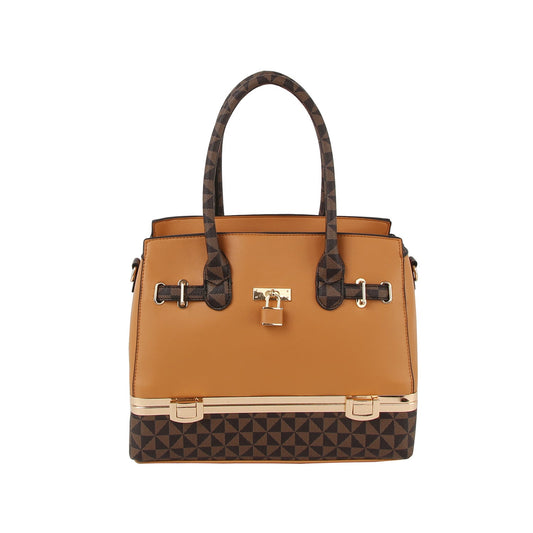 Lock detail two tone top handle bag