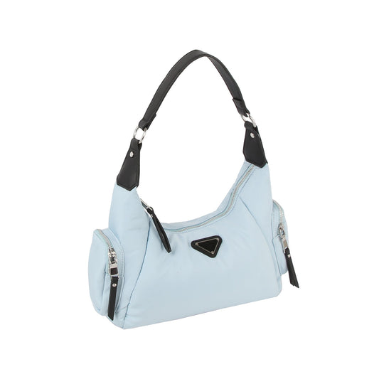 The LM Nylon Everyday Multi Pockets Hobo Shoulder Bag in light blue features black handles, silver zip closure, side pockets, and a black triangular logo on the front, shown against a white background.