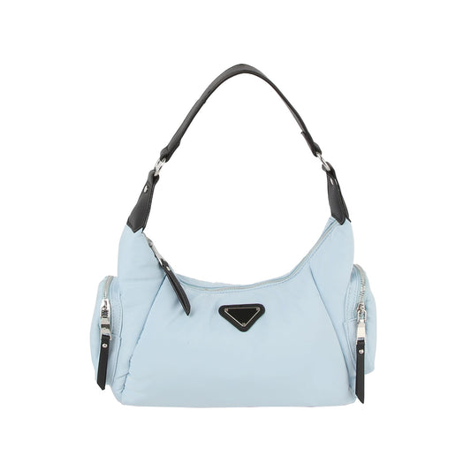 The LM Nylon Everyday Multi Pockets Hobo Shoulder Bag features a light blue nylon body, black handle, zip closure, black side pocket zippers, and a black triangular logo on the front, displayed against a white background.