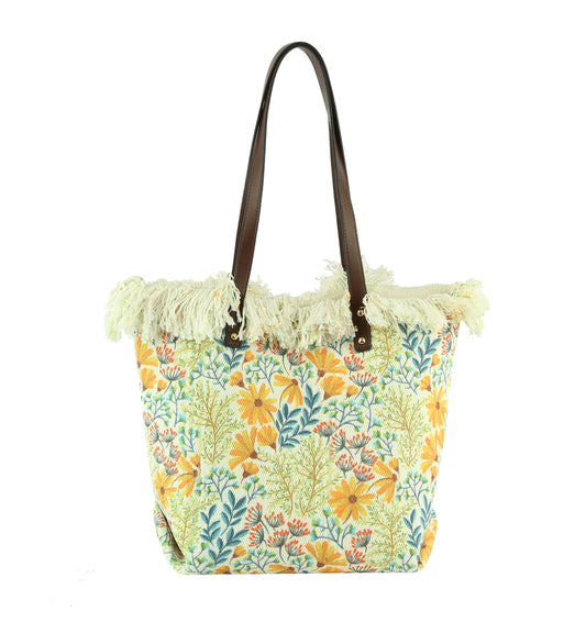 FLOWER LEAF PATTERN STRAW TOTE BAG FOR VACATION