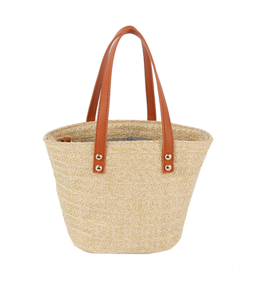 Drawstring Straw Tote with Leather Handles