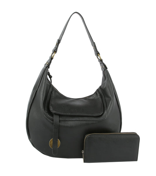 The LM Ladies Hobo Purse Shoulder Bag in black PVC features a top zip, front flap pocket, gold-tone hardware, and comes with a matching purse with zip closure.