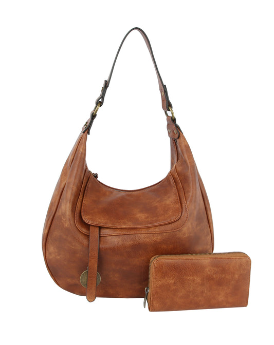 The LM Ladies Hobo Purse Shoulder Bag features brown leather with gold-tone hardware, a front flap, and comes with a matching zippered wallet—both with a slightly worn finish.