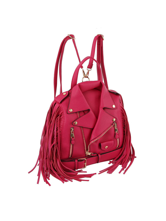 The LM Fringe Motorcycle Jacket Backpack features a stylish pink design with gold zippers, fringe side details, gold-tone hardware, lapels, a bottom belt, and an adjustable strap.
