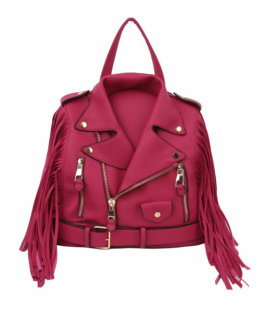 The LM Fringe Motorcycle Jacket Backpack is styled like a pink leather biker jacket with gold-tone hardware, zippers, button details, a bottom belt, and long side fringes.