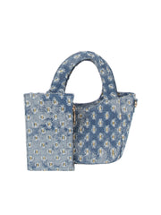 Dotted distressed denim tote and purse set