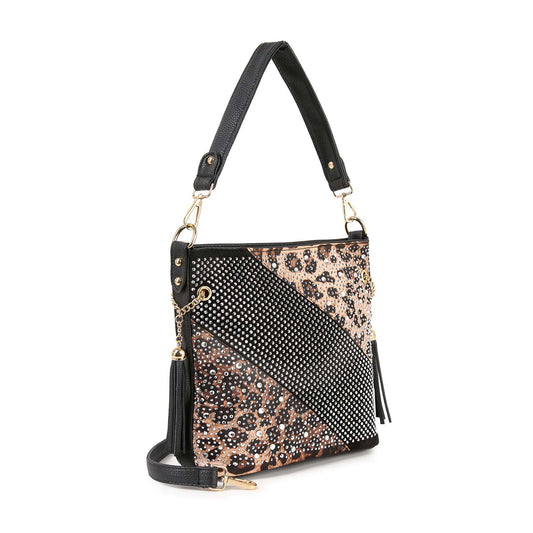 Bold Rhinestone Print Leopard Hobo Crossbody