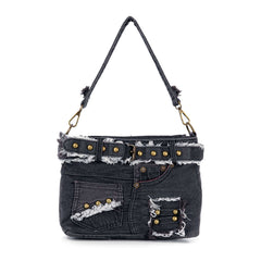 Belted Denim Hobo Handbag
