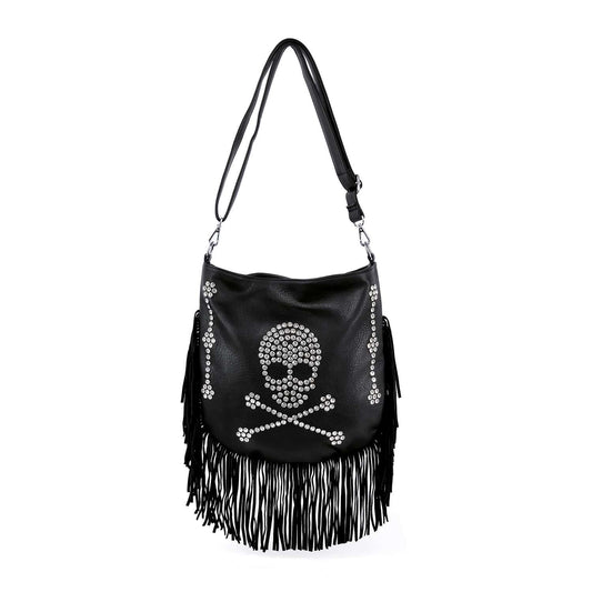 Skull Design Fringed Rhinestone Shoulder Bag