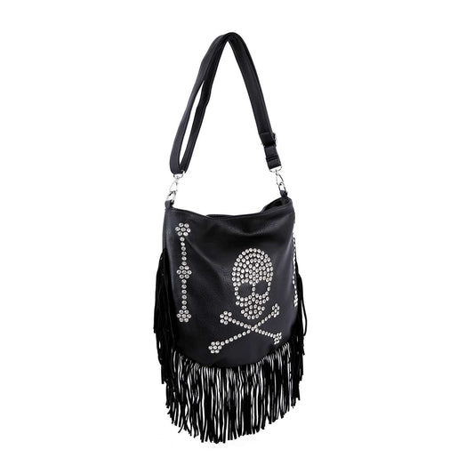 Skull Design Fringed Rhinestone Shoulder Bag