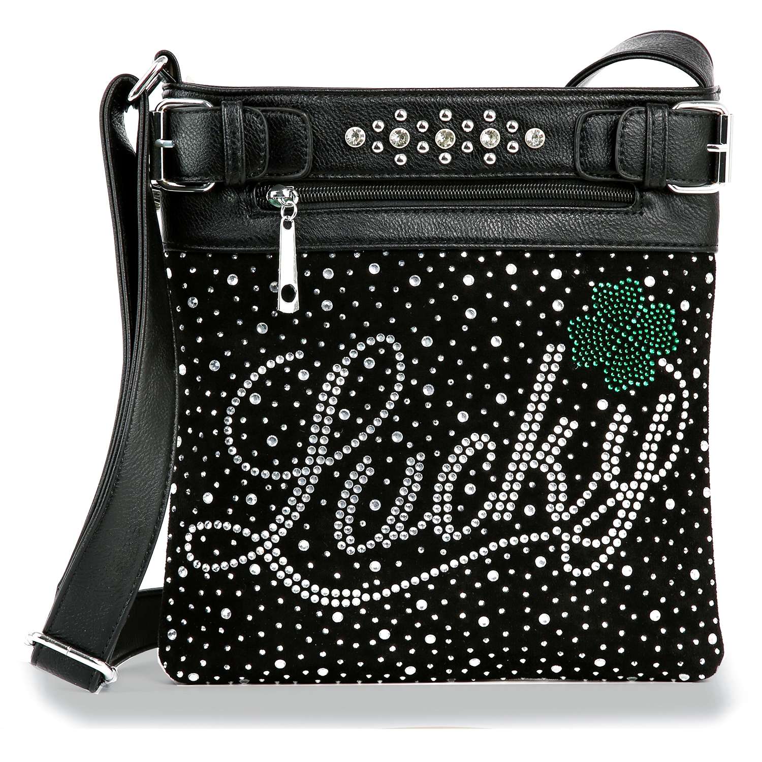 Black crossbody bag with 'Lucky' text and rhinestone embellishments on a white background