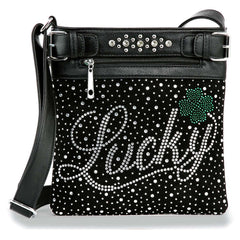 Black crossbody bag with 'Lucky' text and rhinestone embellishments on a white background