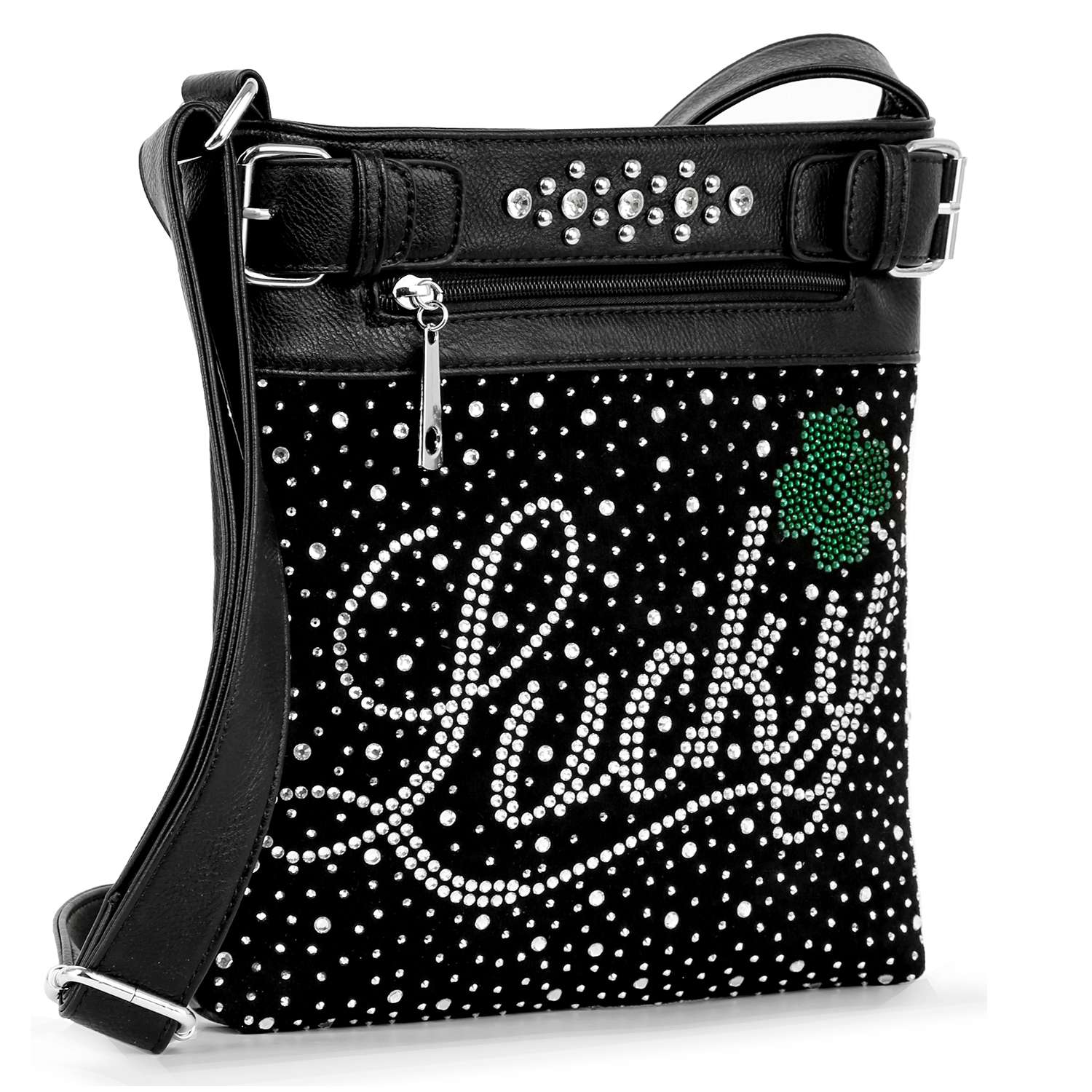 The HE Lucky Bling Crossbody Sling features black faux leather, silver studs, a Lucky rhinestone script, a green rhinestone clover, adjustable strap, top zip pocket, and stylish buckle details.