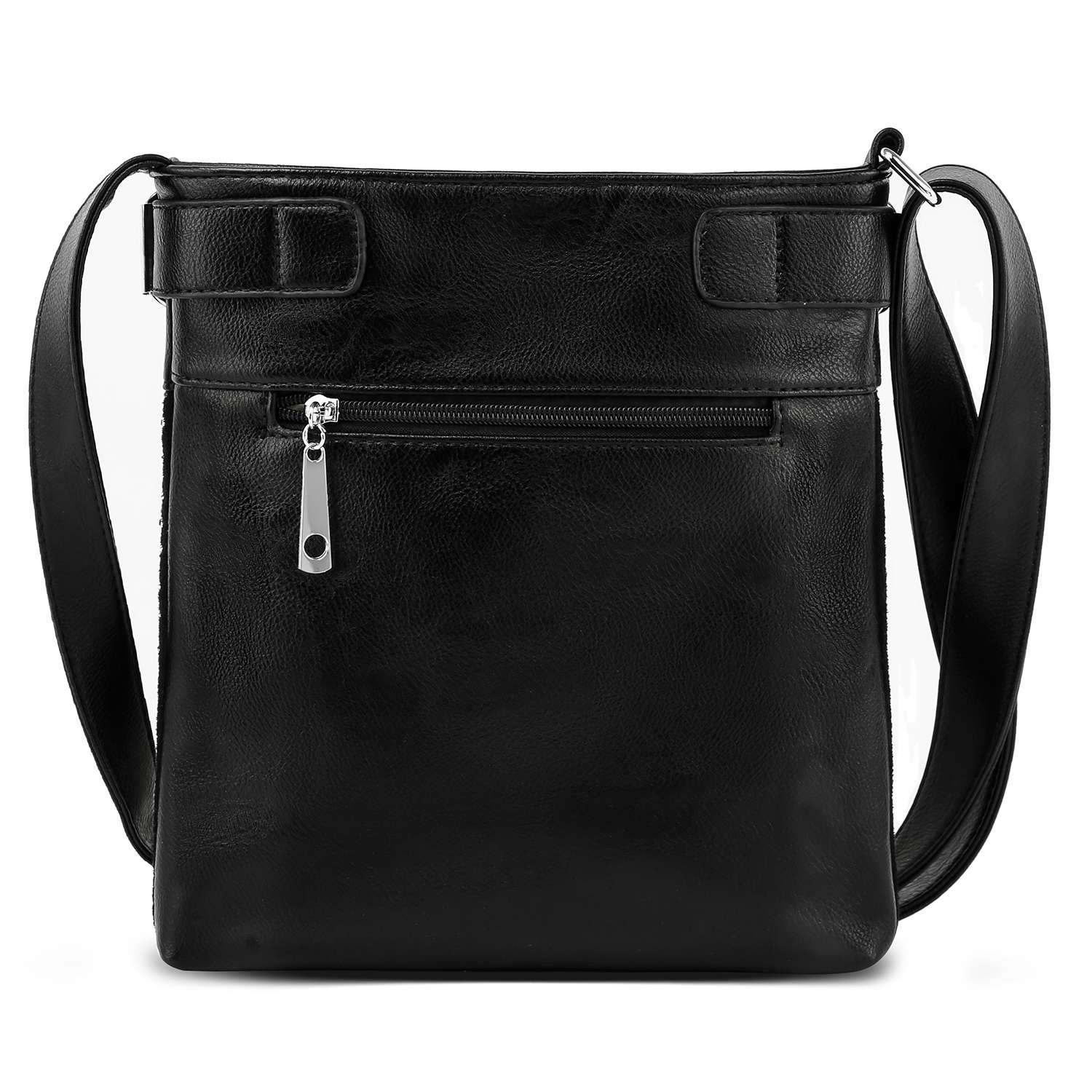 The HE Lucky Bling Crossbody Sling is a black faux leather bag with a long adjustable strap, front zip pocket with silver zipper, and a smooth, minimalist design.