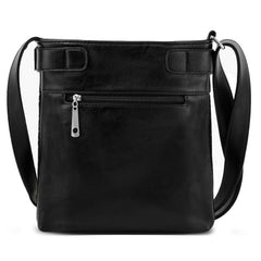 The HE Lucky Bling Crossbody Sling is a black faux leather bag with a long adjustable strap, front zip pocket with silver zipper, and a smooth, minimalist design.
