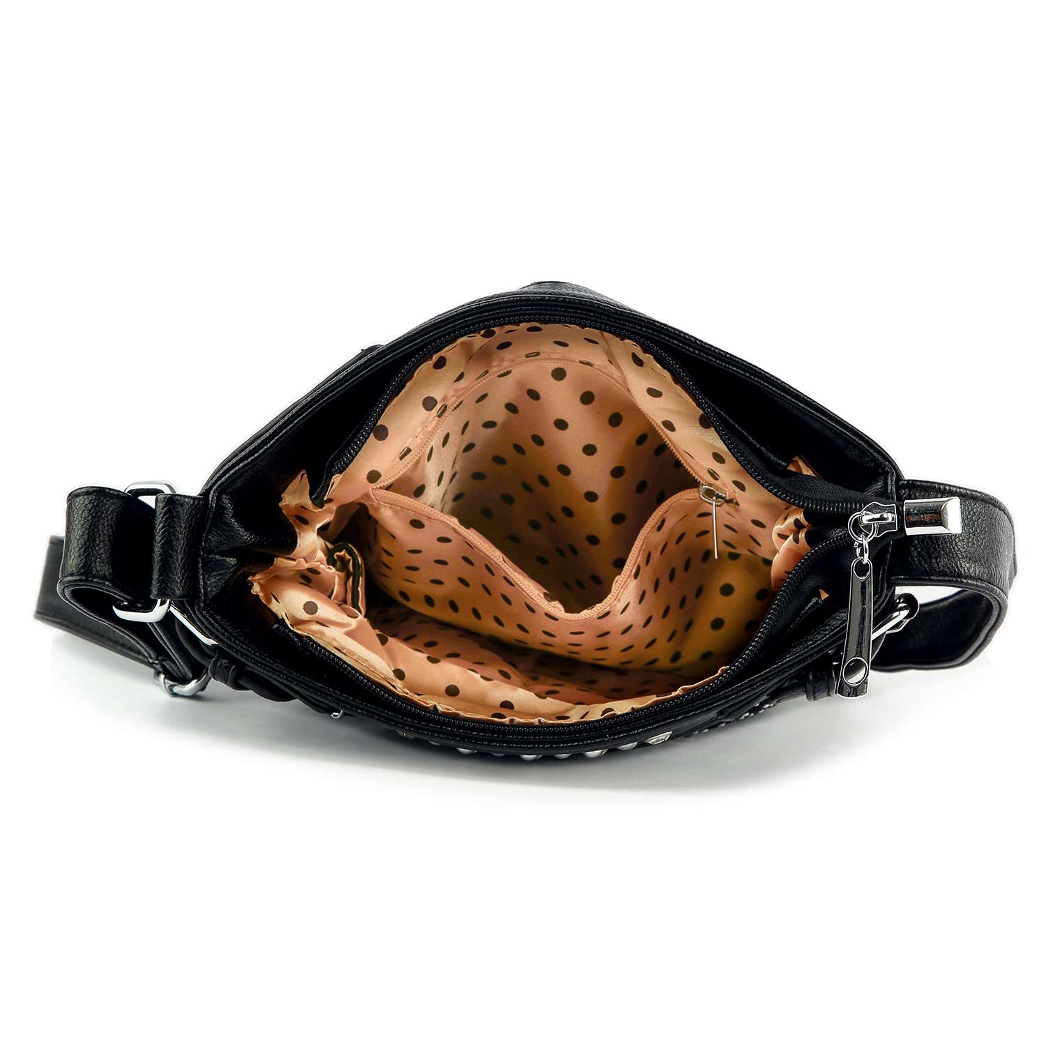 The Lucky Bling Crossbody Sling by HE is a black faux leather handbag with a beige polka dot interior, shown open to reveal organized compartments, an adjustable strap, and a zip pocket.