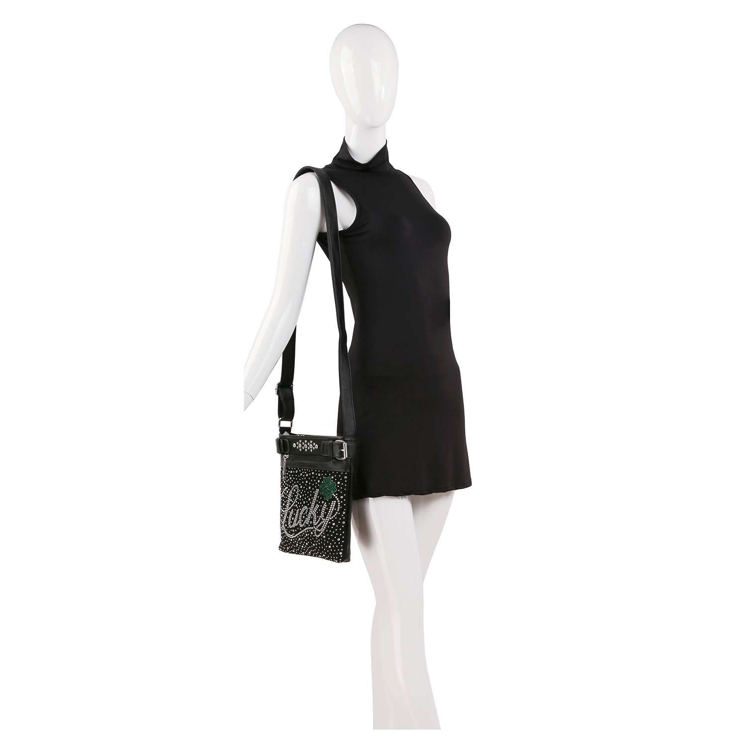 A mannequin in a sleeveless black mini dress showcases the HE Lucky Bling Crossbody Sling, featuring an adjustable strap, studded design, and Lucky in cursive on the front.
