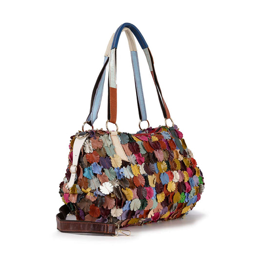 Genuine Leather Colorful Raised Floral Shoulder Bag