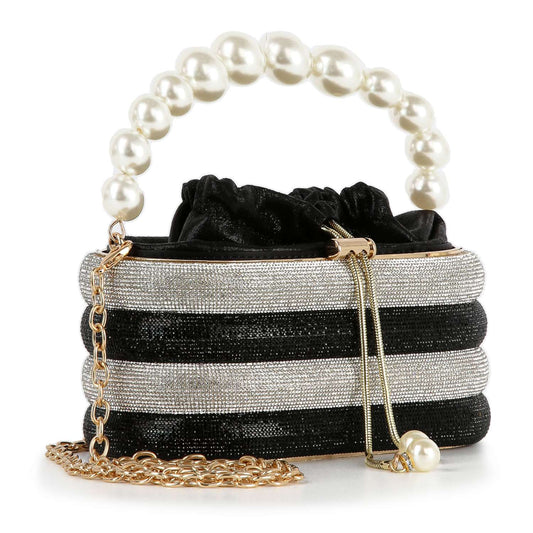 Pearl Accented Striped Rhinestone Evening Bag