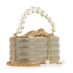 Pearl Accented Striped Rhinestone Evening Bag