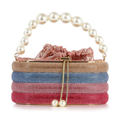 Pearl Accented Striped Rhinestone Evening Bag