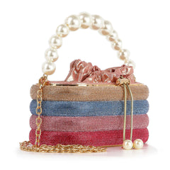 Pearl Accented Striped Rhinestone Evening Bag