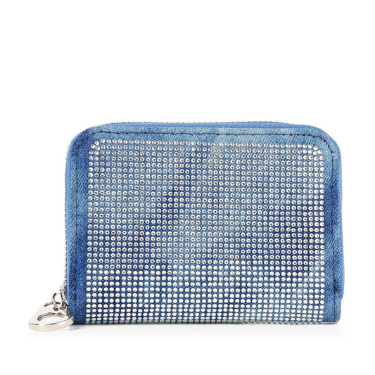 The HE Rhinestone Design Petite Zip Around Wallet is a small blue denim wallet with sparkling rhinestones on the front, a silver zipper, and a detachable clasp on the left side.