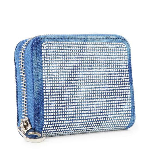 The HE Rhinestone Design Petite Zip Around Wallet is a small blue faux leather wallet with a grid of silver rhinestones on the front, featuring a metallic zip-around closure and a compact rectangular shape.