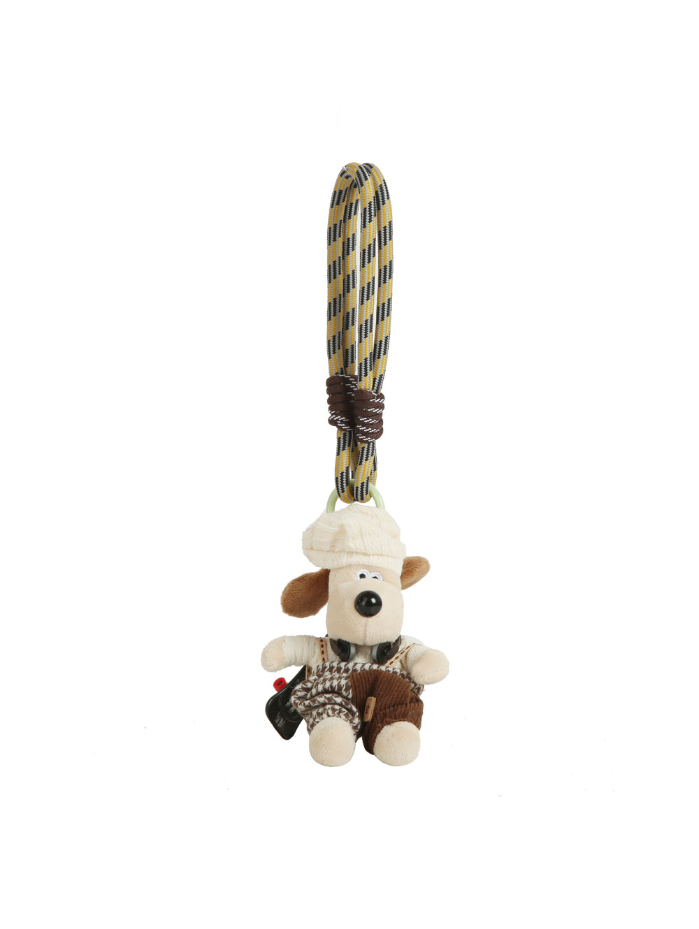 The HR Chef Dog Plush Keychain features a brown and beige chef dog with a camera, attached to a looped, multi-colored climbing rope—ideal as a fun backpack accessory.