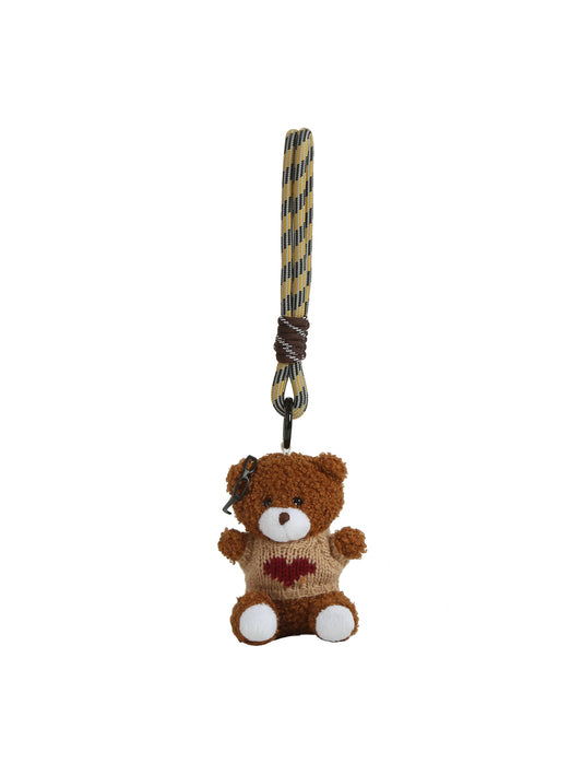 The HR Classic Brown Bear Heart Keychain features a small brown bear plush in a white heart sweater, attached to a beige and black striped strap with a metal clasp. Ideal for key rings or bags. Displayed on a white background.