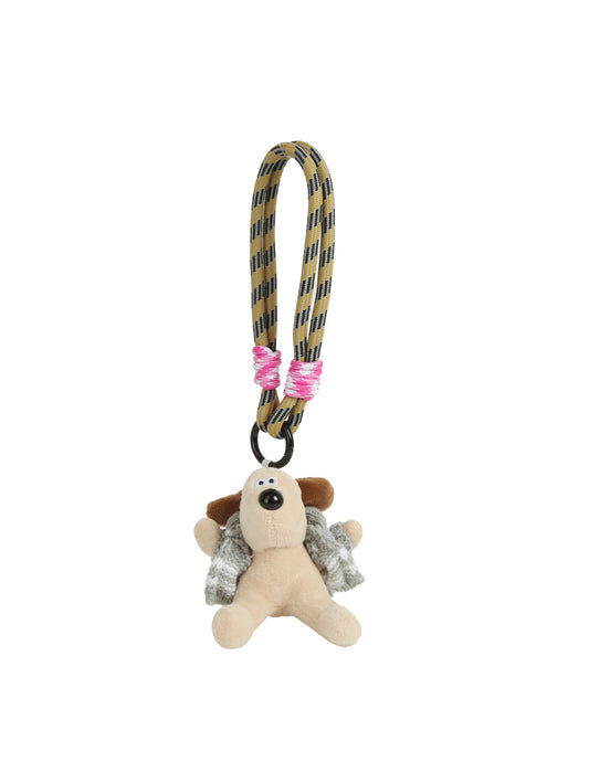 The HR Cozy Jacket Dog Plush Keychain features a dog with floppy ears and a gray knit jacket, attached to a yellow and black rope loop wrapped with pink near the base. Perfect for dog lovers, shown on a white background.