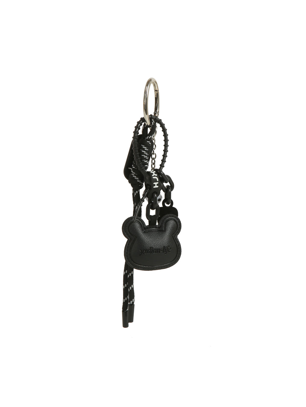 The HR Black Bear Charm Keychain features a modern black design with a bear charm, braided cord, and metal keyring, all in a sleek matching color scheme with decorative details.