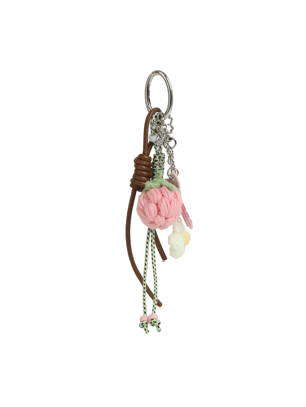 The HR Sweet Berry Blossom Crochet Keychain is a playful bag accessory featuring pink and cream crocheted flowers, a brown leather cord, green and white beaded string, and metal chain accents.