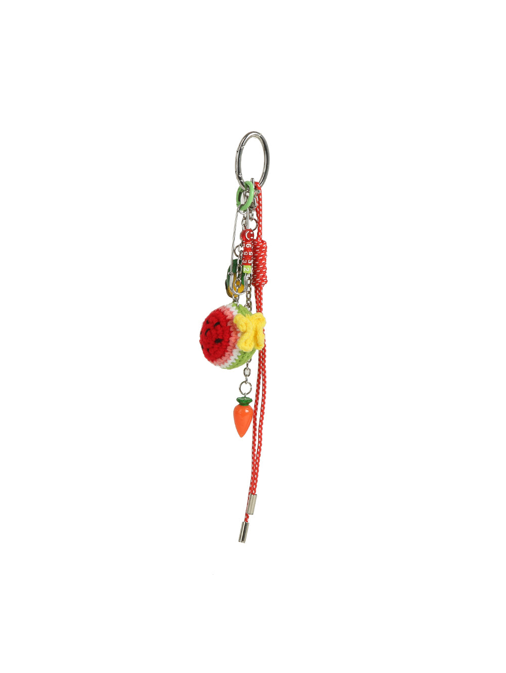 The HR Crochet Watermelon Keychain features a crochet watermelon ball, a small carrot charm, bright red string, and sturdy metal clasps, all displayed against a white background.