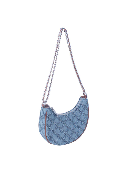 Denim argyle patterned hobo bag with chain detail