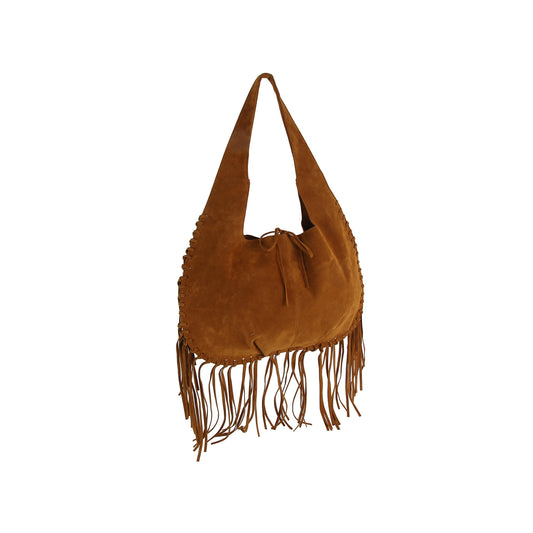 Fringe Stitched Suede Hobo Bag
