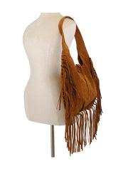 Fringe Stitched Suede Hobo Bag