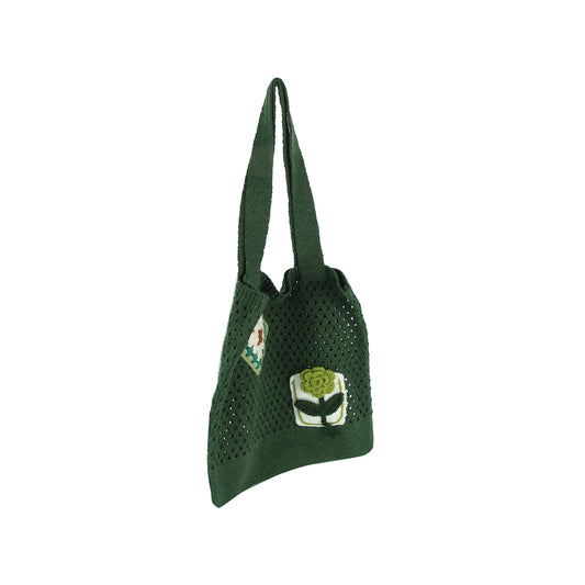 Floral Patch Knit Shoulder Tote Bag