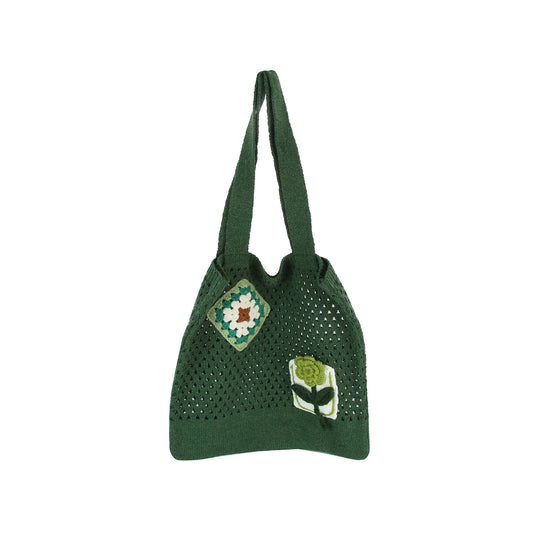 Floral Patch Knit Shoulder Tote Bag