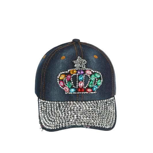 Jeweled Rhinestone Crown Denim Cap
