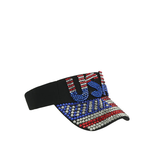 The LM USA Flag Rhinestone Visor features USA in blue rhinestones on the front and a sparkling red, white, and blue American flag design on the brim.