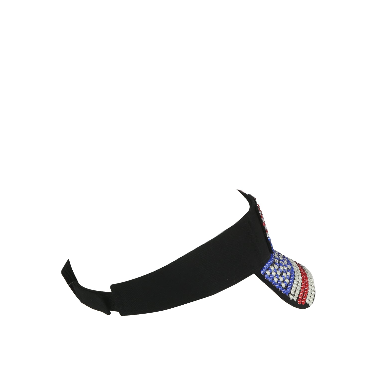 The LM USA Flag Rhinestone Visor features a black design with an adjustable strap and a brim decorated with red, white, and blue rhinestones in an American flag-inspired pattern.