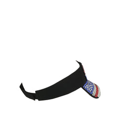 The LM USA Flag Rhinestone Visor features a black design with an adjustable strap and a brim decorated with red, white, and blue rhinestones in an American flag-inspired pattern.
