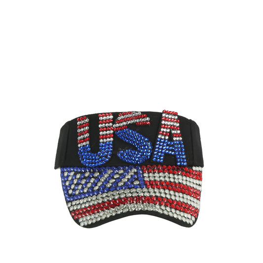The LM USA Flag Rhinestone Visor features sparkling red, white, and blue gems spelling USA and a flag-inspired brim—a stylish way to show your patriotic spirit.