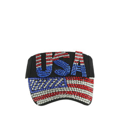 The LM USA Flag Rhinestone Visor features sparkling red, white, and blue gems spelling USA and a flag-inspired brim—a stylish way to show your patriotic spirit.