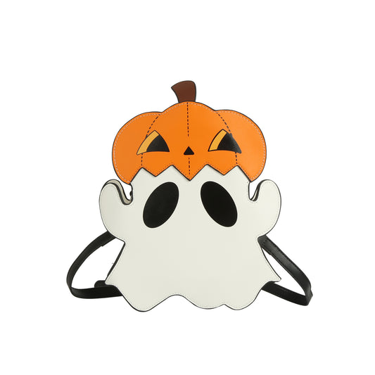 Halloween-themed backpack with ghost design and pumpkin on a white background