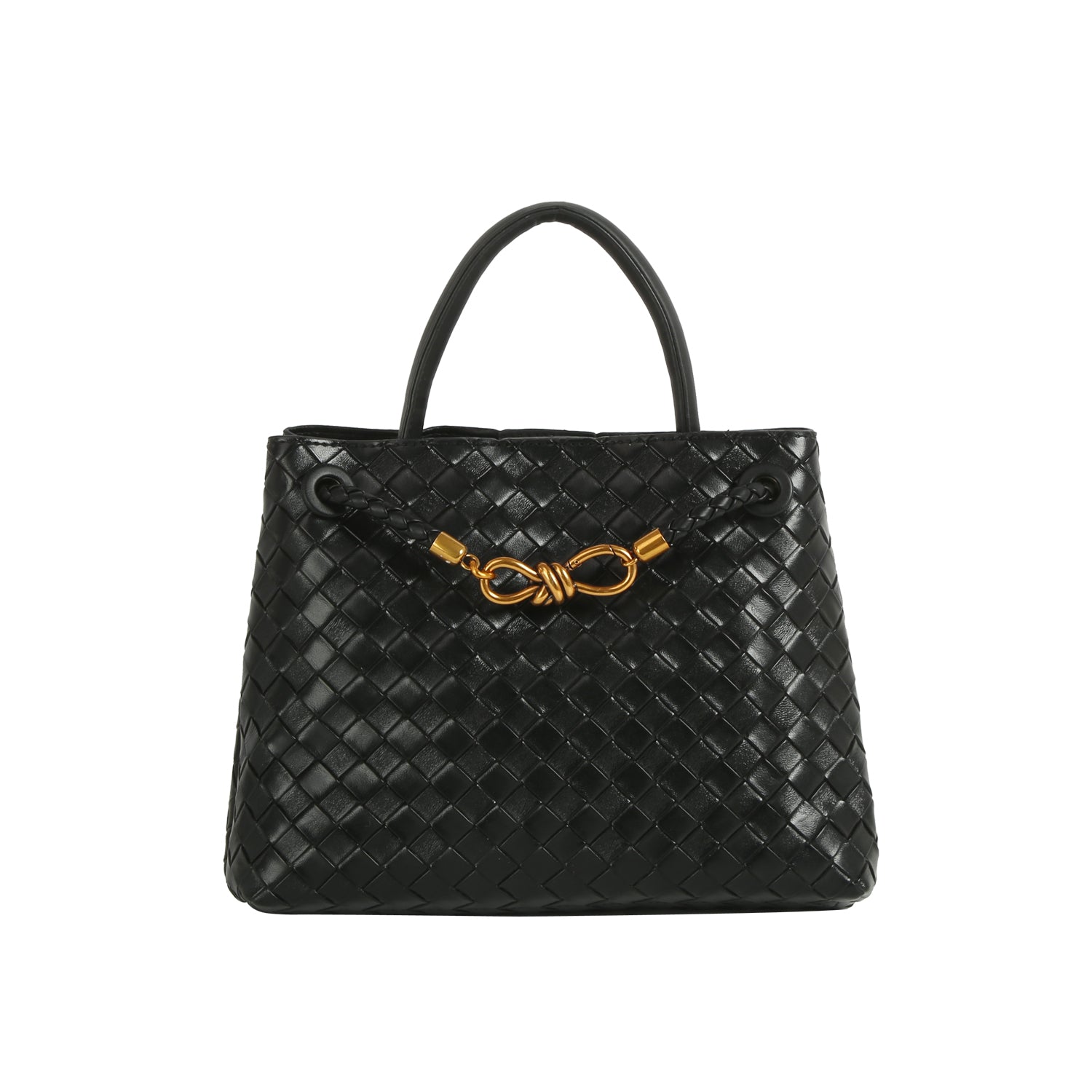 The LM Knot Accent Woven Tote is a black faux leather handbag with two handles, a gold-tone knot accent on the front, and a braided crossbody strap for versatile carrying.